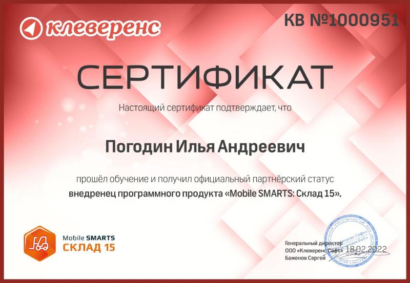 Внедренец программного продукта Mobile SMARTS склад 15