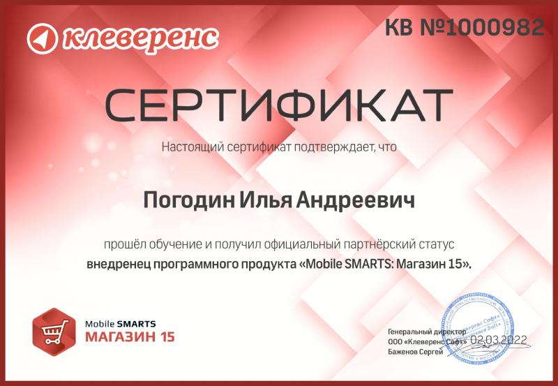 Внедренец программного продукта Mobile SMARTS магазин 15